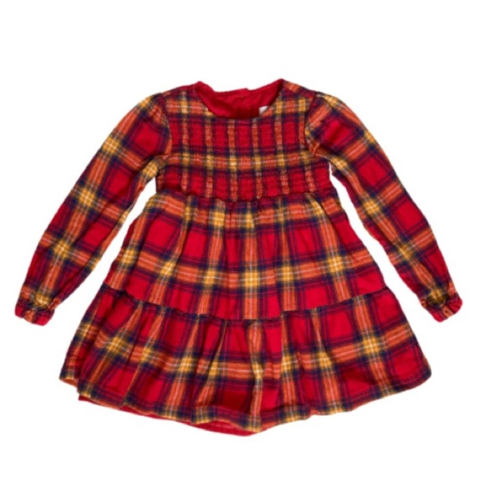 Tahari Plaid Red Yellow Long Sleeve Seersucker Apple Button Dress Toddler 2T